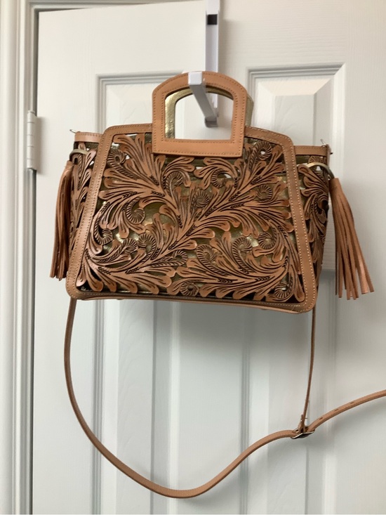 Handbags - Tan Floral Tooled Leather Crossbody Bag with Tassel Accents